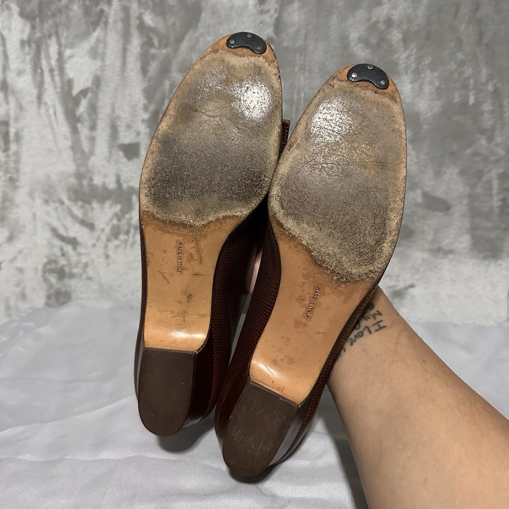Salvatore Ferragamo Brown Leather Vara Lillaz Bow Pumps Heel Shoes Womens 9.5 A4 - Picture 7 of 14